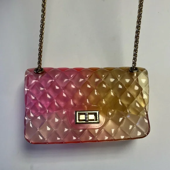 Jelly Crossbody Bag Pink Yellow Jelly Handbag Round Gold crossbody chain - Picture 3 of 6